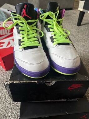 Jordan White Black Purple Sneakers with Neon Green Laces